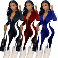 Women Casual Stripe Patchwork Long Sleeve Zippes V Neck Jumpsuit Outfit