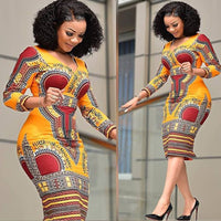 African Style Print Retro  Elegant  V-neck Bodycon Midi  Long Sleeves Dress