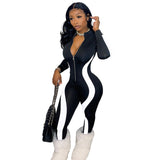 Women Casual Stripe Patchwork Long Sleeve Zippes V Neck Jumpsuit Outfit