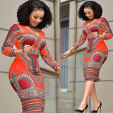 African Style Print Retro  Elegant  V-neck Bodycon Midi  Long Sleeves Dress