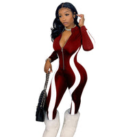 Women Casual Stripe Patchwork Long Sleeve Zippes V Neck Jumpsuit Outfit