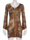 Flared Sleeve V Neck Tie Up Vintage Print A Line Dress