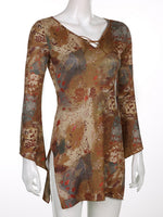 Flared Sleeve V Neck Tie Up Vintage Print A Line Dress