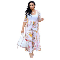 Women Print Long Sleeved Cardigan Summer Two Piece Set